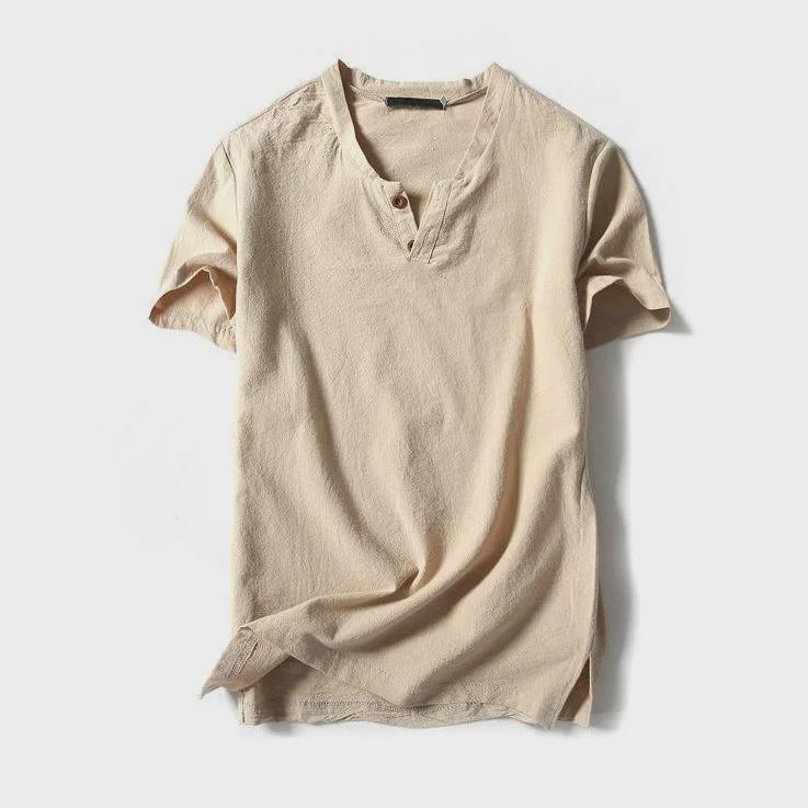 Men's Solid Color V-Neck Cotton Linen Short Sleeve T-Shirt with Buttons