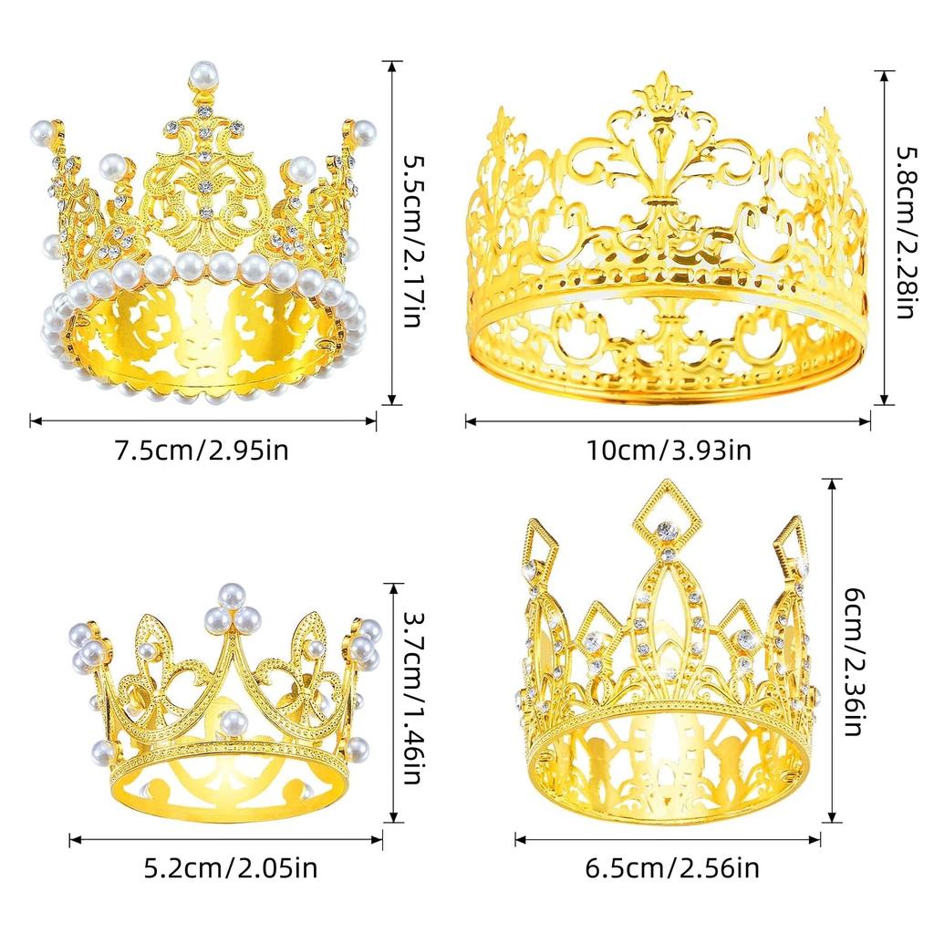 4 Pcs Mini Crown Cake Topper Birthday Tiara Crown Crystal Pearl Princess Kueen Cake Crown for Wedding Pet Birthday