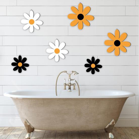 6Pcs/Set Rustic Wooden Flower Wall Decoration Handcrafted Black Yellow White Floral Wall Art Home Office Living Room Bedroom Wall Hanging Ornament