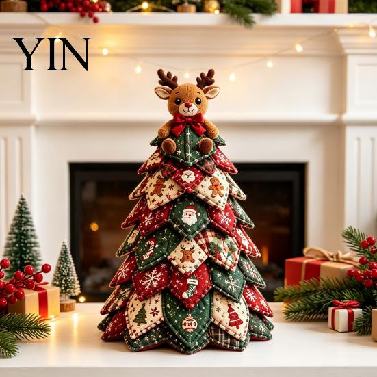 Desktop Christmas Tree Craft DIY Quilted Kit, 3D Fabric Patchwork Set for Decoration Beginners, Handmade Tabletop Holiday Decor with Snowman/Reindeer