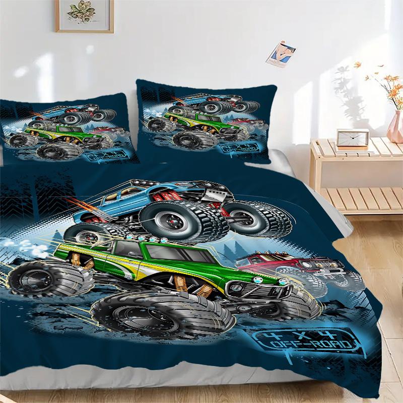 3pcs Off-Road Monster Truck Adventure Home Decor Bedding Set-Universal Three-Piece Suit for Bedroom, Guest Room, Living Room, Hotel-Perfect