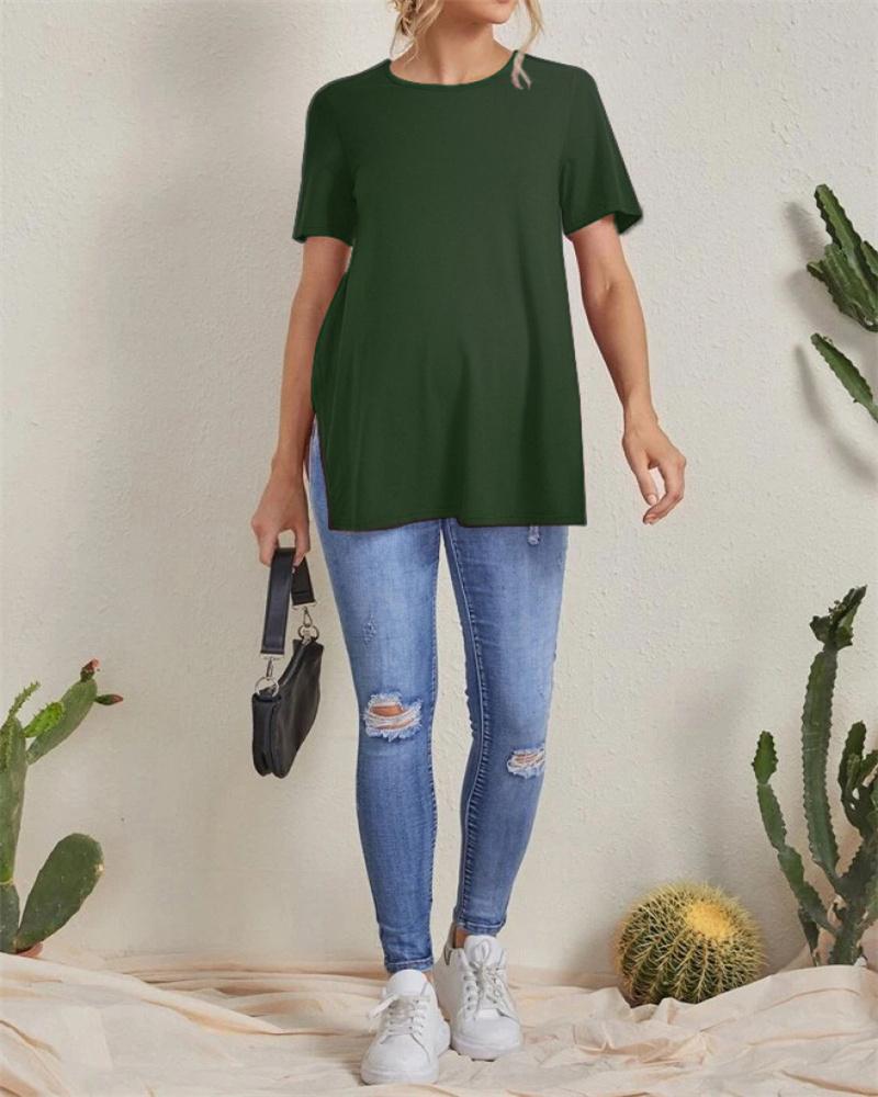 Новые повседневные однотонные топы для беременных, одежда для беременных с разрезом и сотней топов с круглым вырезом, топы с короткими рукавами