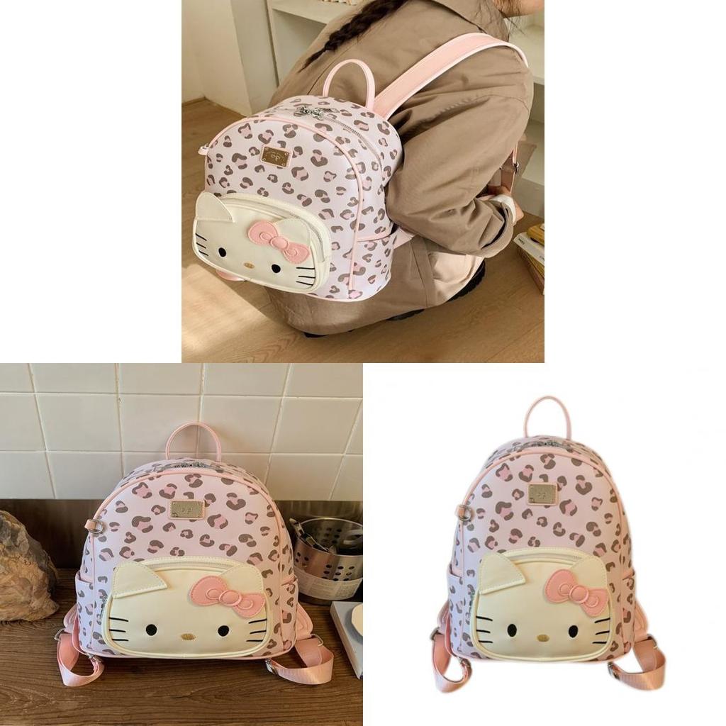 Hello Kitty Cute Leopard Print Pu Backpack With Multiple Compartments For Teens