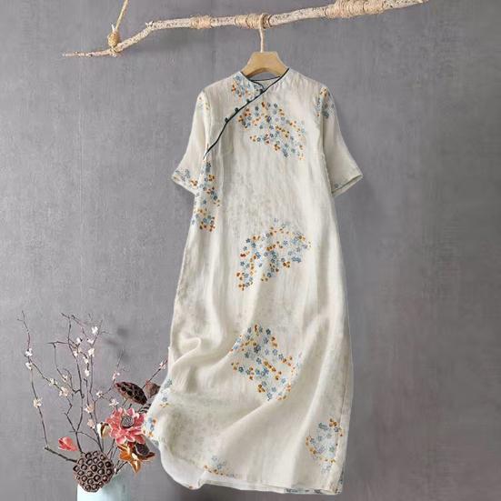 Vintage Floral Print Midi Cheongsam Qipao Dress for Women Loose Short Sleeve Chinese Style Dress with Pockets for Wedding