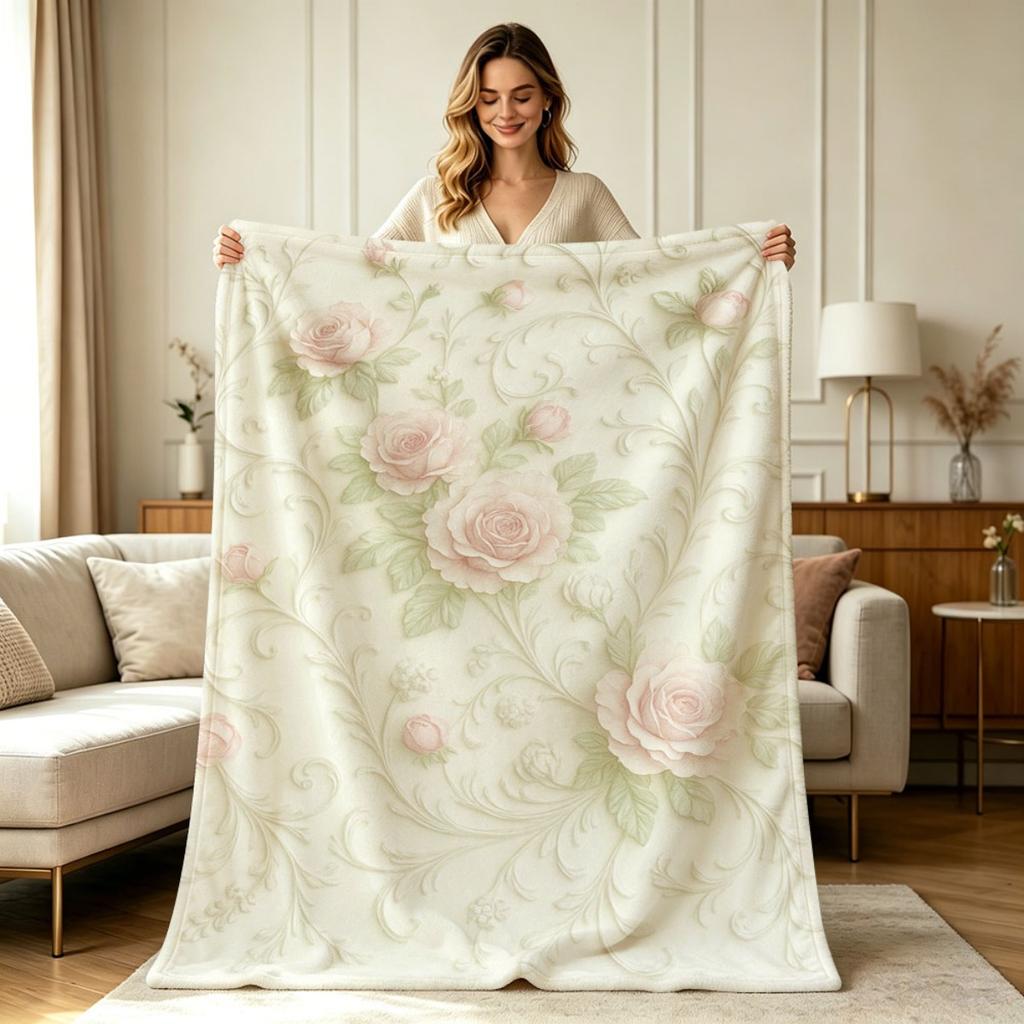 Soft Flannel Rose Floral Print All Season Blanket for Couch Chair Bedroom Office Home Decorative Warm Cozy Throw Blanket for Four Season Use