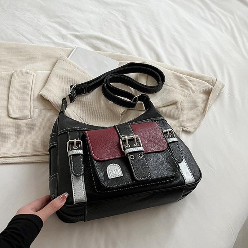 Yogodlns Retro Patchwork Shoulder Bag For Women Soft Leather Crossbody Bag Cool Girl Messenger Bag Shopping Purse Handbag