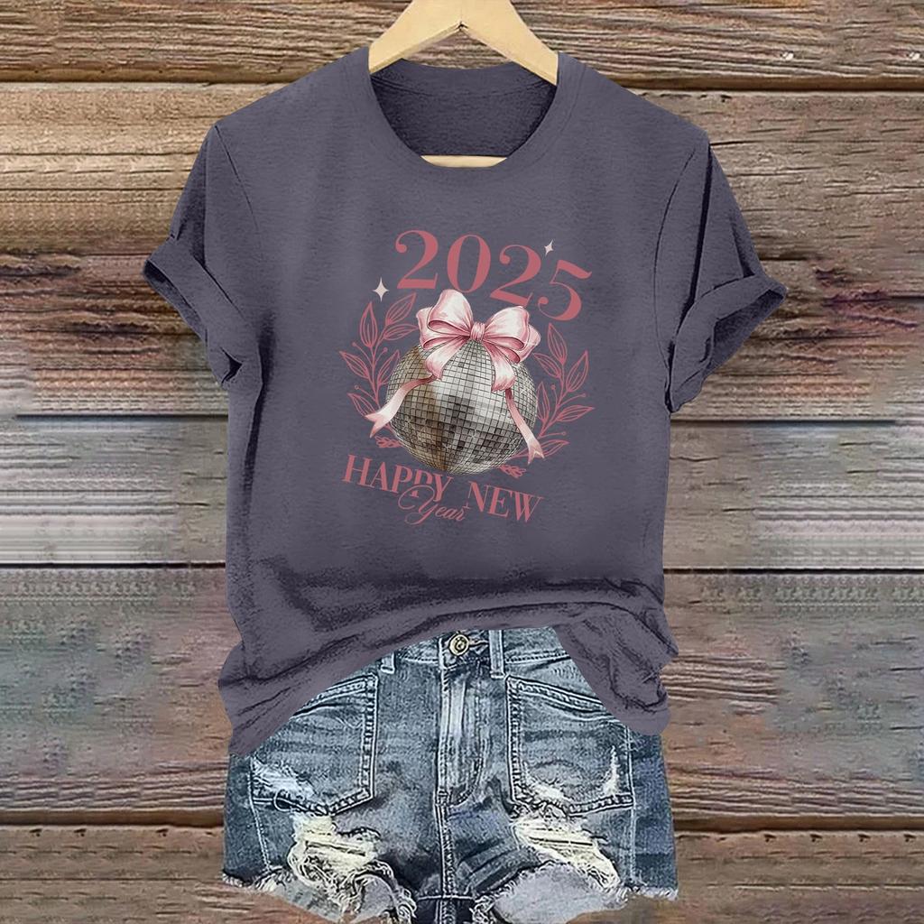 Ladies Casual 2025 New Year Printed Round Neck Short Sleeve T-Shirt Top