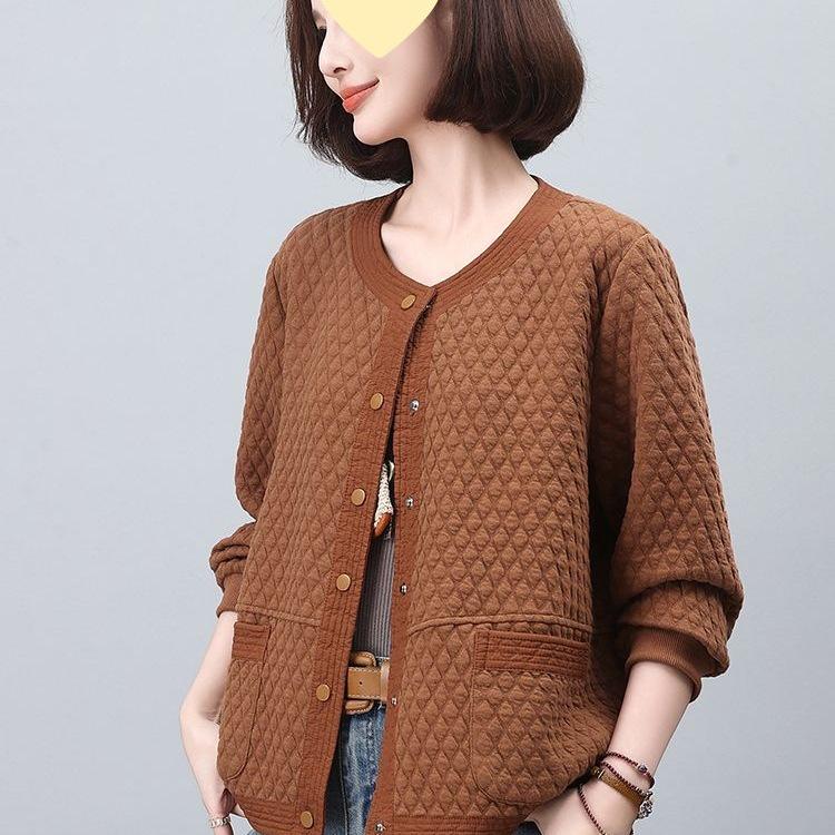 Women's Midlife & Senior Round Neck Loose Jacket - New 2025 Spring/Autumn Casual Baseball Cardigan