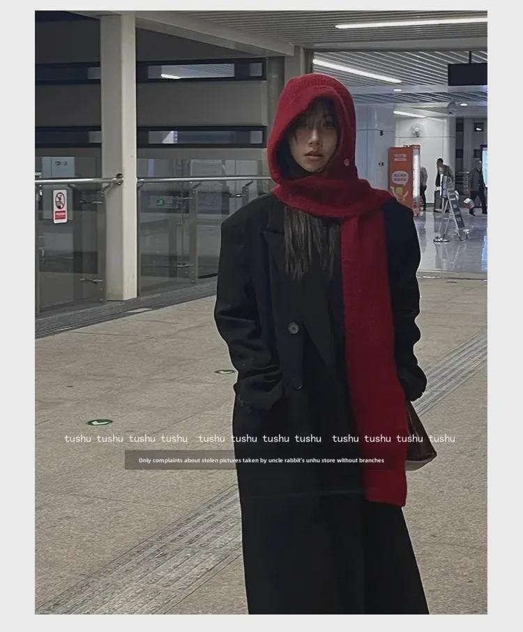 Высококачественная красная шерстяная шапка-балаклава для женщин с защитой ушей и шарфом