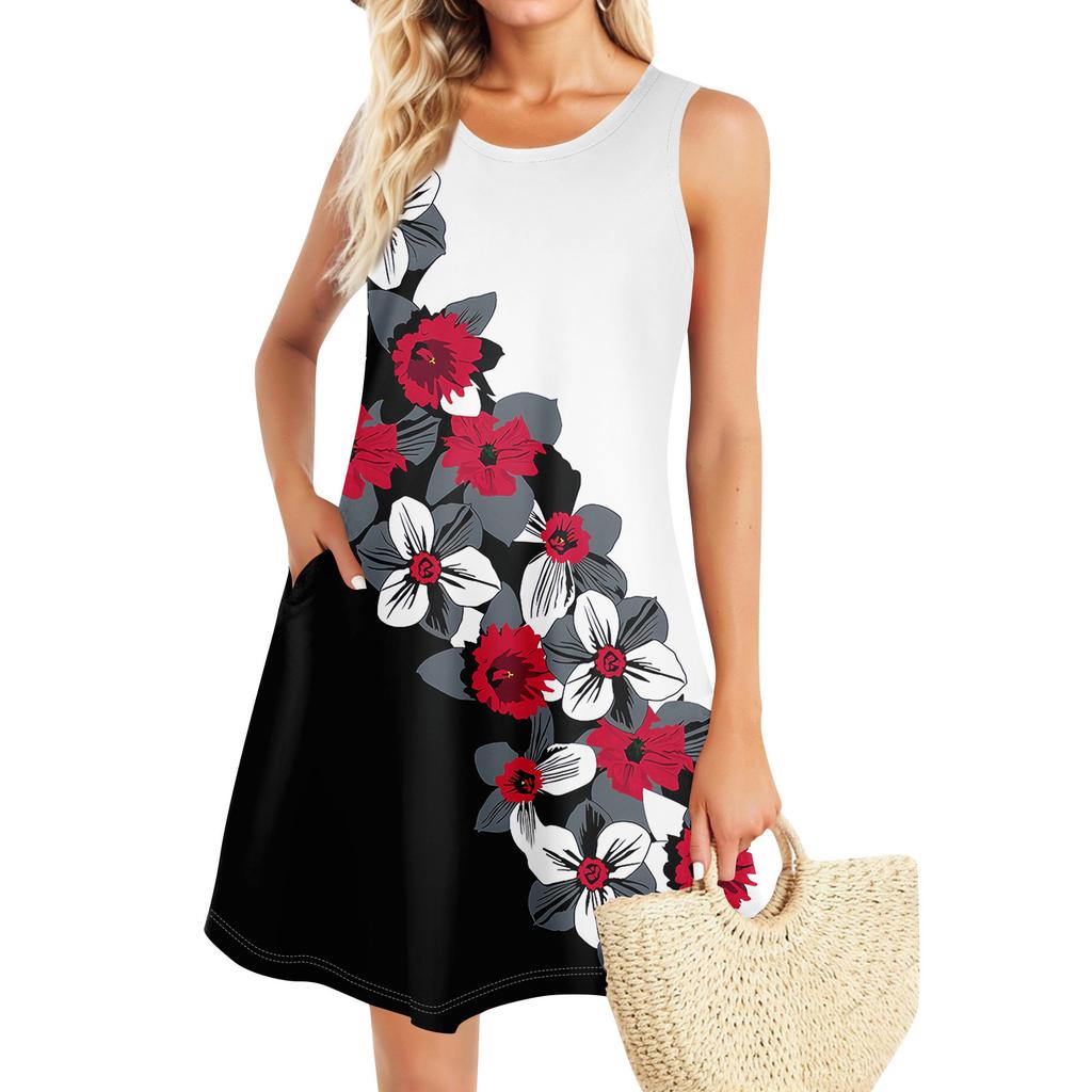 Summer Dresses For Women Beach Boho Sleeveless Vintage Printing Flowy Pocket Tshirt Tank Sundresses