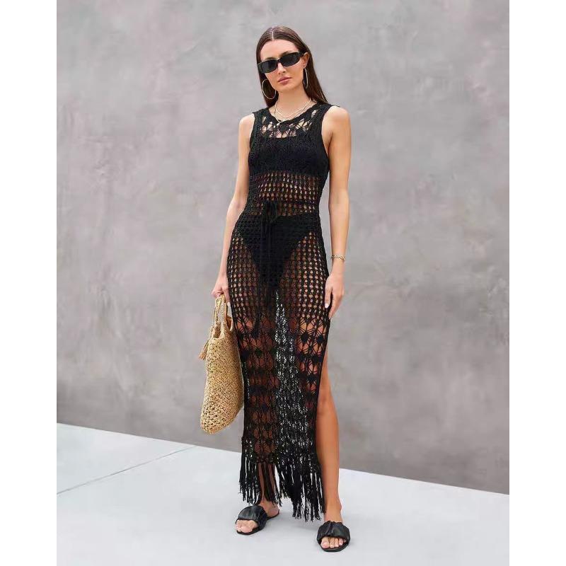 Летнее женское полое вязаное сексуальное платье с кисточками, пляжное бикини, прикрытие, праздничный купальник, длинное платье