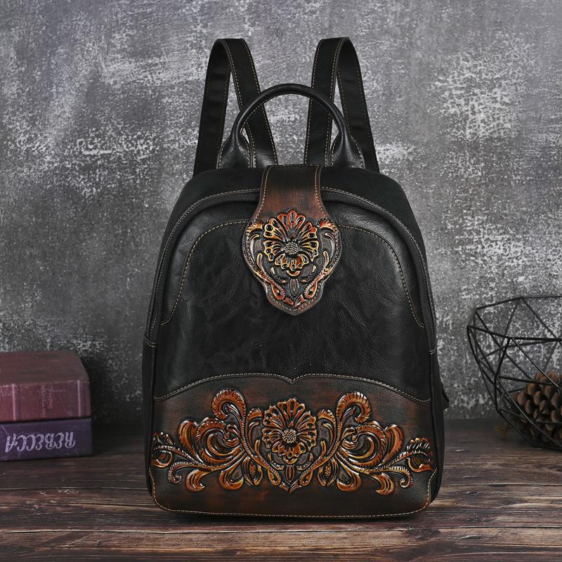 Johnature Embossed Vintage Backpack Versatile Women's Leather Bag Large Capacity Travel Backpacks