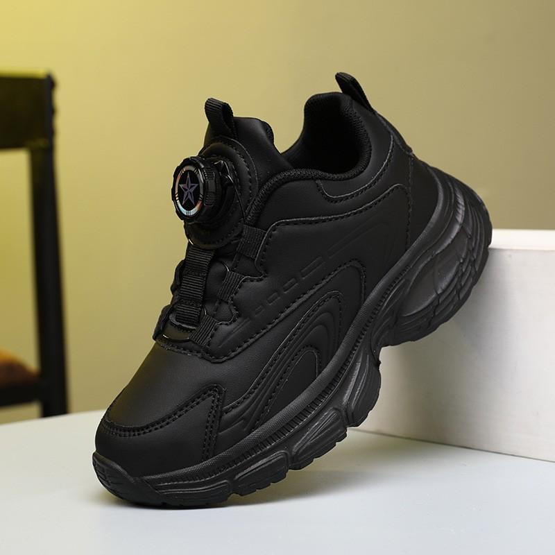 Kids White Black Sneakers School Sports Dance Running Shoes With Rotary Buckle Closure