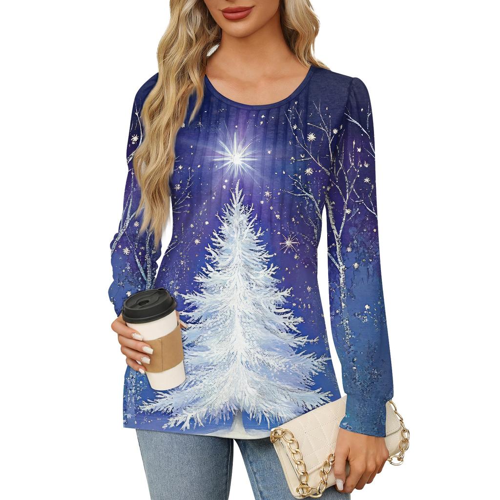 Рубашки с длинным рукавом для женщин Милые принты Графические футболки Блузки Нарядные повседневные блузки Плиссированные туники с круглым вырезом Топы Рождество