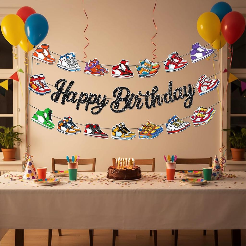 3Pcs Sneaker Decorations, Happy Birthday Banner, Sneaker Party Decorations,Sports Theme Backdrop for Sneakerhead Events