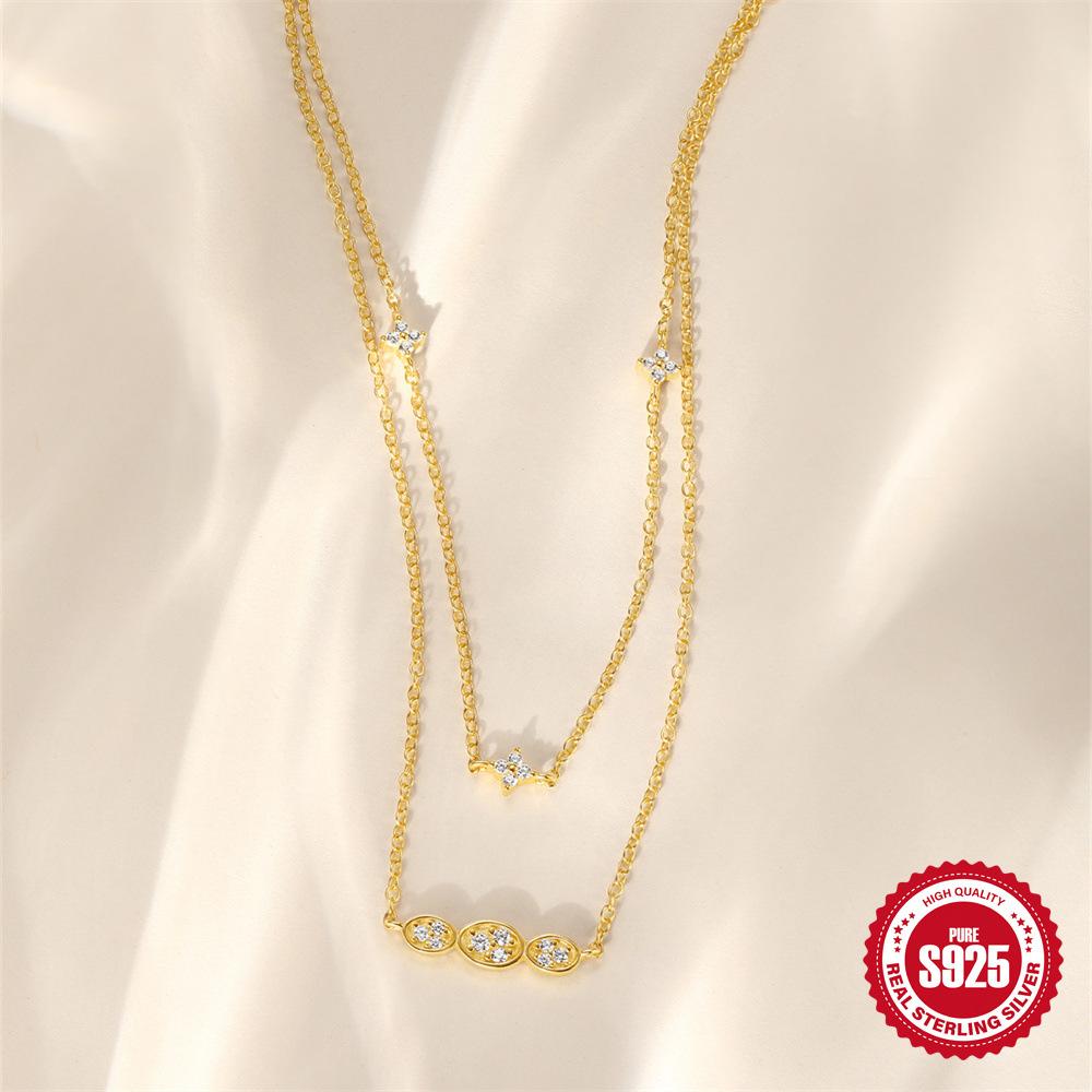 Exquisite Four-Leaf Clover Geometric Oval Shape Fashionable Light Luxury S925 Sterling Silver Ins Simple Wind Necklace