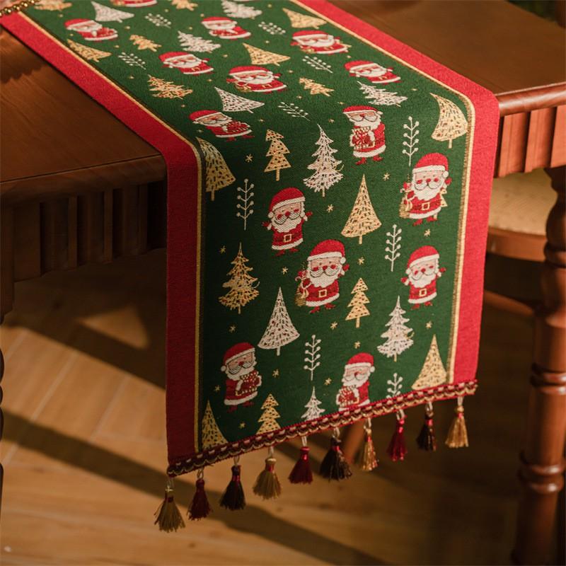 Christmas Table Runner With Woven Jacquard Snowman Deer Tassels Dining Holiday Decor