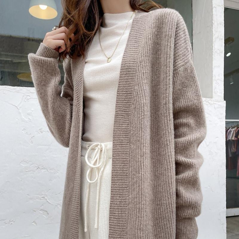 Вязаный женский кардиган осень-зима повседневный V-образный вырез средней длины пальто модный свободный однотонный офисный женский свитер