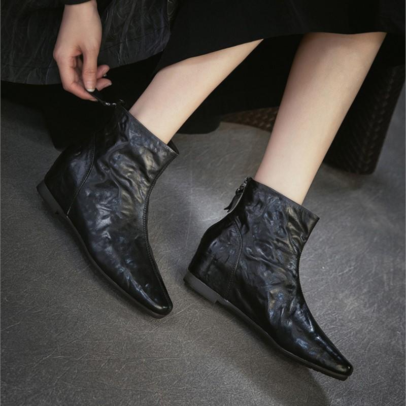 Johnature Женские ботильоны из натуральной кожи, плиссированные, увеличивающие рост, ретро, универсальные, с квадратным носком