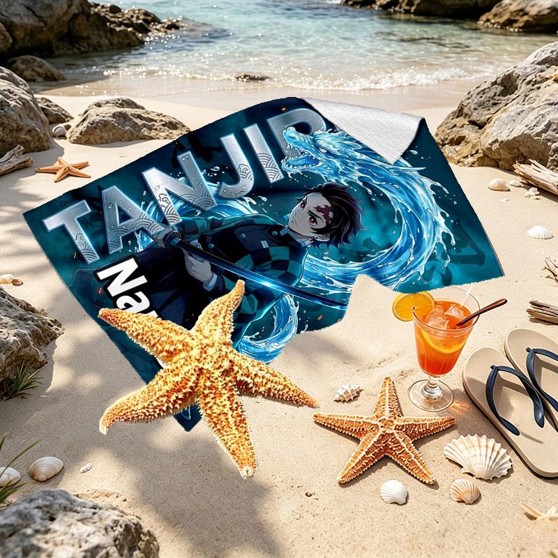 Custom Name Personalized Demon Slayer Print Beach Towel, for Trip Camping Beach Party Home Decor, Birthday Gift for Family & Friends