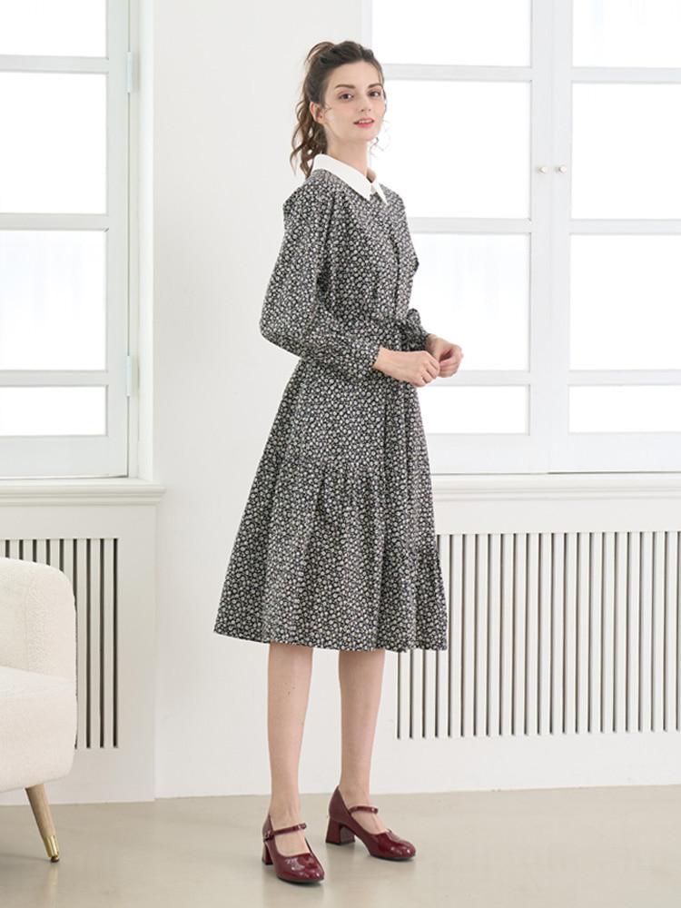 L By L Black Flower White Collar Raglan Dress