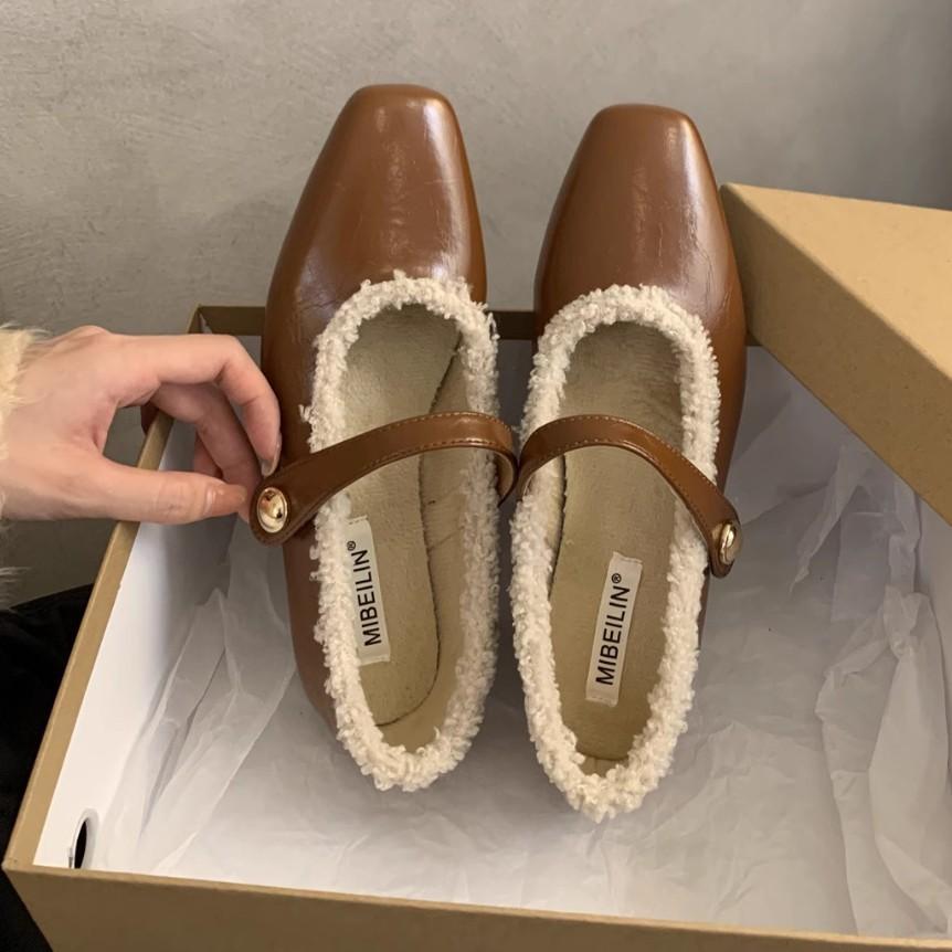 Flat Autumn and Winter Plush Cotton Shoes Single Shoes Women's Shoes New Square Head Black Mary Jane Evening Shoes