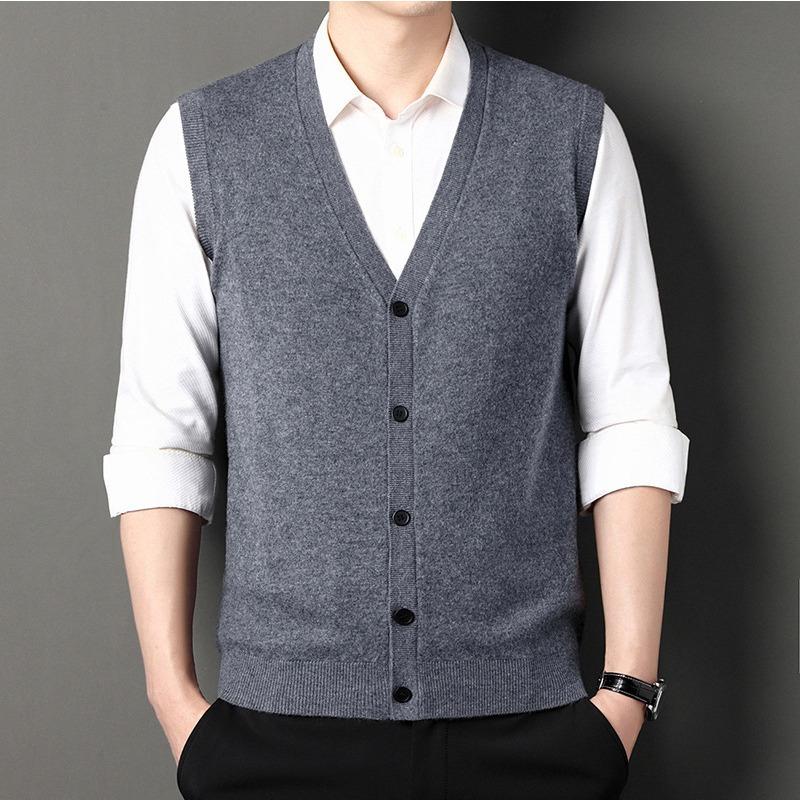Мужской шерстяной жилет, осенне-зимняя мода, повседневный однотонный мужской кардиган без рукавов с V-образным вырезом, жилет, свитер для мужчин