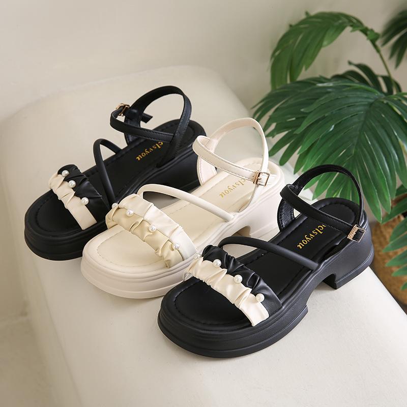 Thickened Heightening Sandals Women's 2025 Summer New Fashion One-word Pearl Belt Fashion Shoes Beach Sandals Women