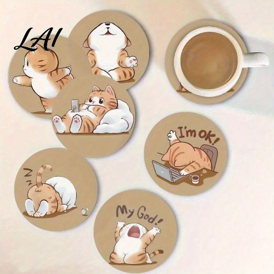Retro Cat Pattern Coasters Wooden Coasters Table Mats Resistant Decorative Heat Non-slip Cup Home Decor Insulation for Hot Drinks And Desk
