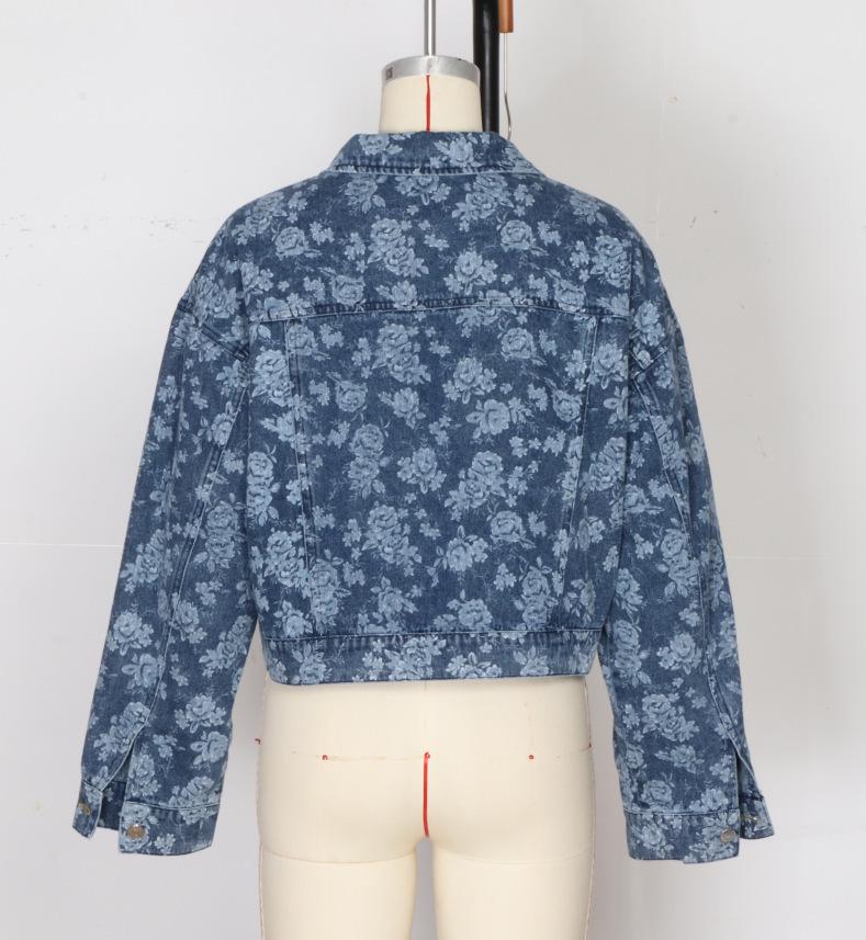 Женская джинсовая куртка с цветочным принтом - Европейский и Американский Весенний/Осенний Повседневный Однобортный