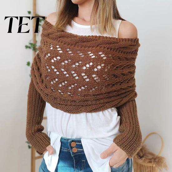 Stylish Layering Piece for Fall Sweater Scarf with Sleeves Women, Knitted Cable Wrap Shawl, Elegant Streetwear Shawl Coat Shrugs Autumn Winter Double