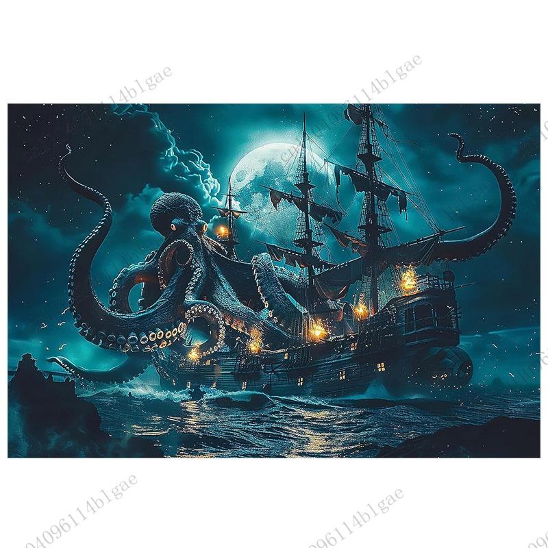 Moonlit Octopus Attacking Ship Fantasy Art Tapestry Themed Room Decoration Wonder Home Decor Cloth Bedroom Tapestry Fantasy Real