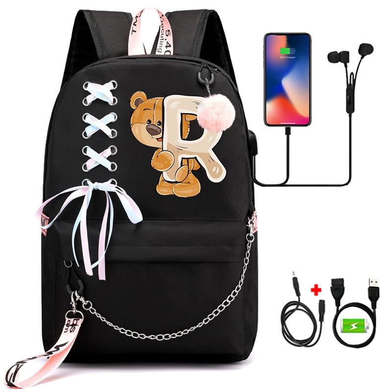 Рюкзак с принтом «Маленький медведь», 26 английских букв, детский рюкзак для школы для мальчиков и девочек, сумка для книг с героями мультфильмов, кавайная школьная сумка для школьников