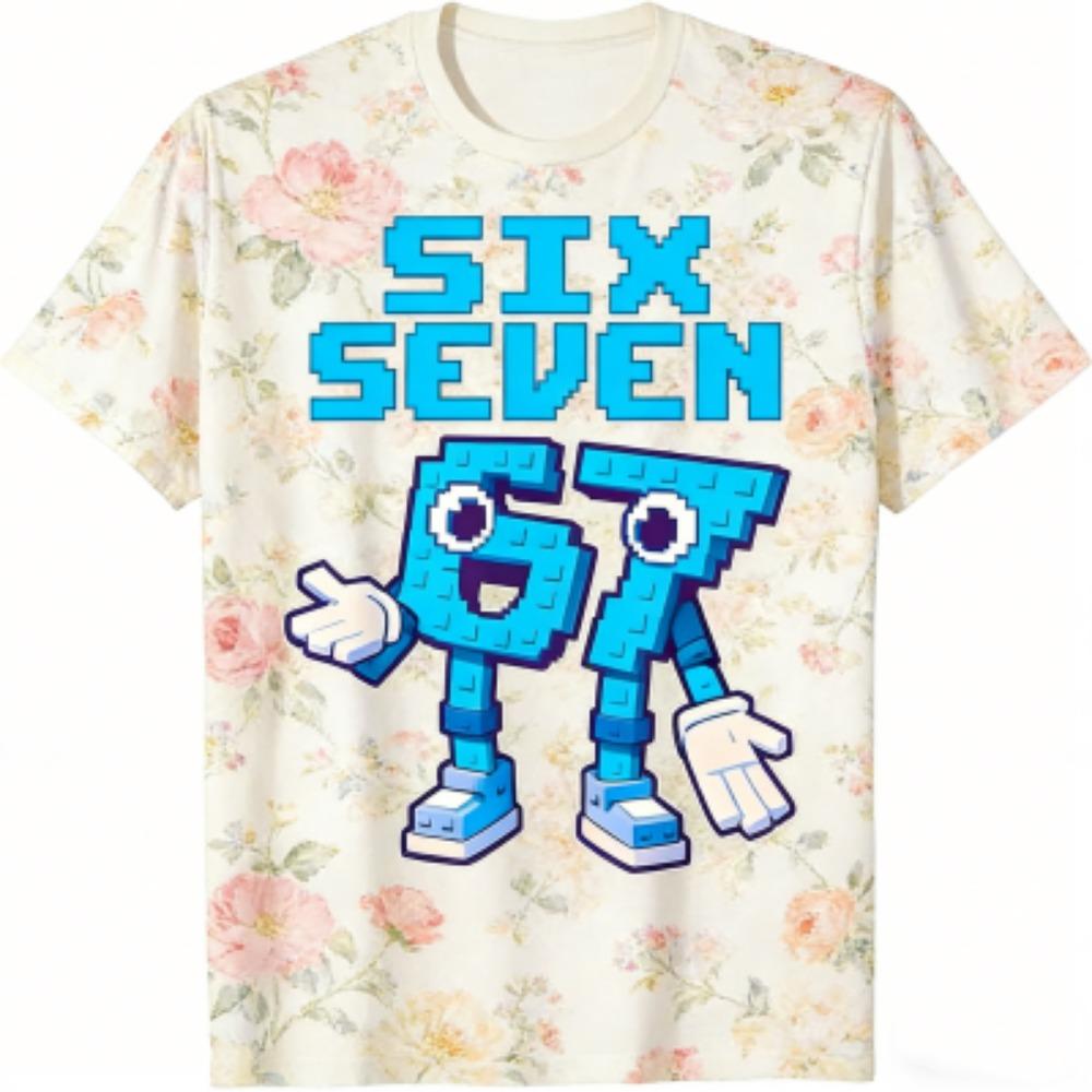 Fashion Men's T-Shirt 67 Six Seven Flower Stripe Print Men's and Women's Tees Top Summer Short Sleeve O Neck Casual Outdoor Men's Clothing