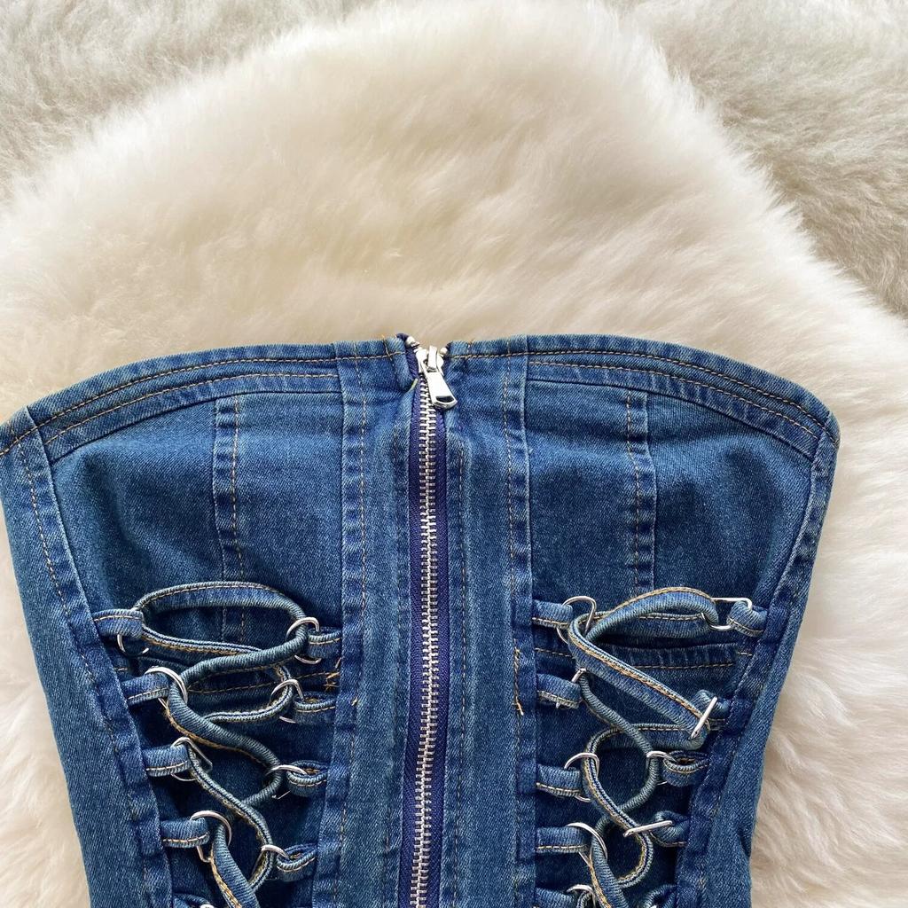 Джинсовые комплекты для девочек, милые комплекты из двух предметов, женские топы на молнии без бретелек Y2K, эластичные мини-кюлоты, женская мода, уличная одежда на шнуровке, костюмы 2024