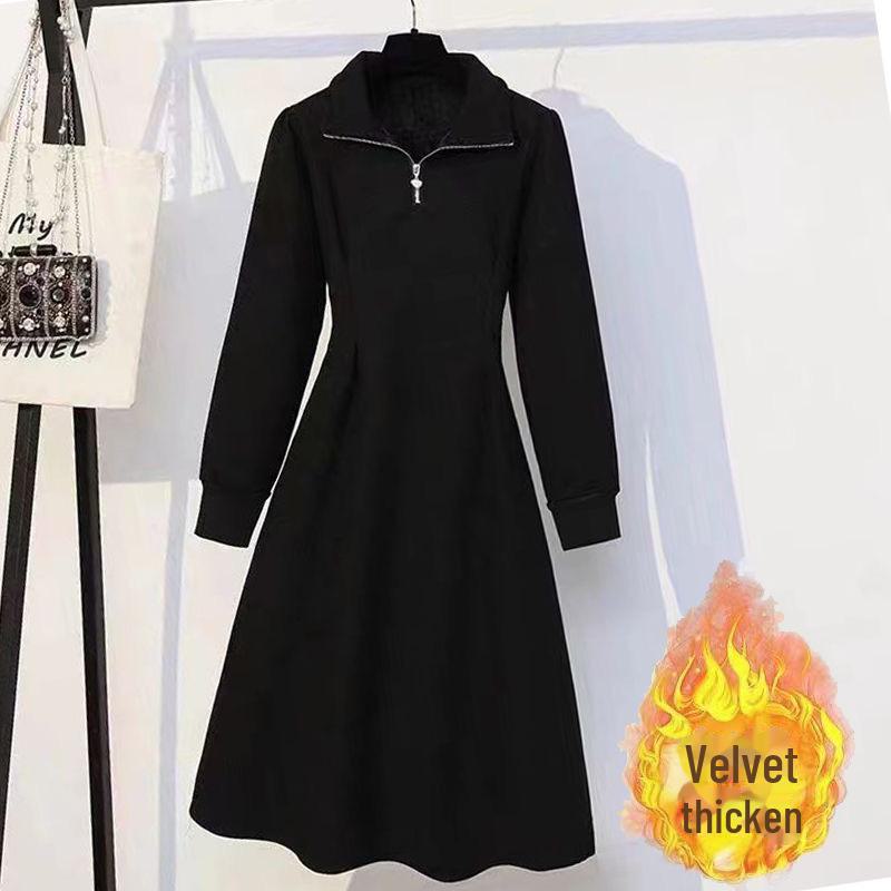 Женское платье-свитер на молнии в корейском стиле больших размеров - плотный бархат, однотонный, повседневная длинная юбка на осень/зиму