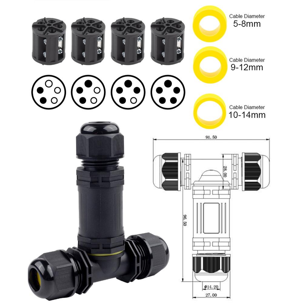 IP68 M25 3 Way T Shape Outdoor Junction Box 2/3/4/5 Pin Screw Splicing Terminal for Led Light Gardon Waterproof Wire Connector