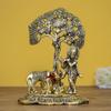 Lord Krishna Playing Flute Under Tree with Golden Cow and Calf Showpiece