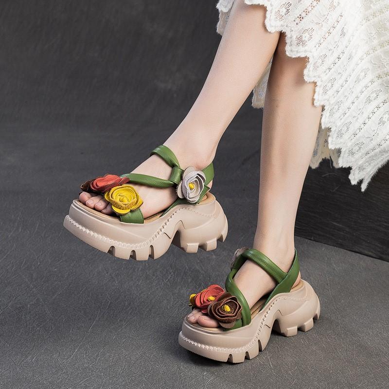 Johnature Retro Flower Peep Toe Platform Sandals Breathable Genuine Leather Versatile Women's Shoes