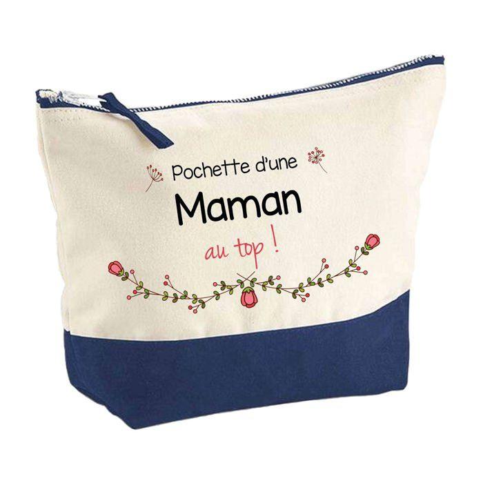 Trousse de maquillage - PLANETEE - Pochette fond bleu «Maman au Top» - Grand format - Coton - Impression sublimation HD