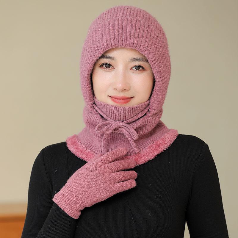 Rabbit Wool Blended Warm Hat Lady Mother Winter Scarf Mask One-piece Hat Middle Grandmother One-piece Hat