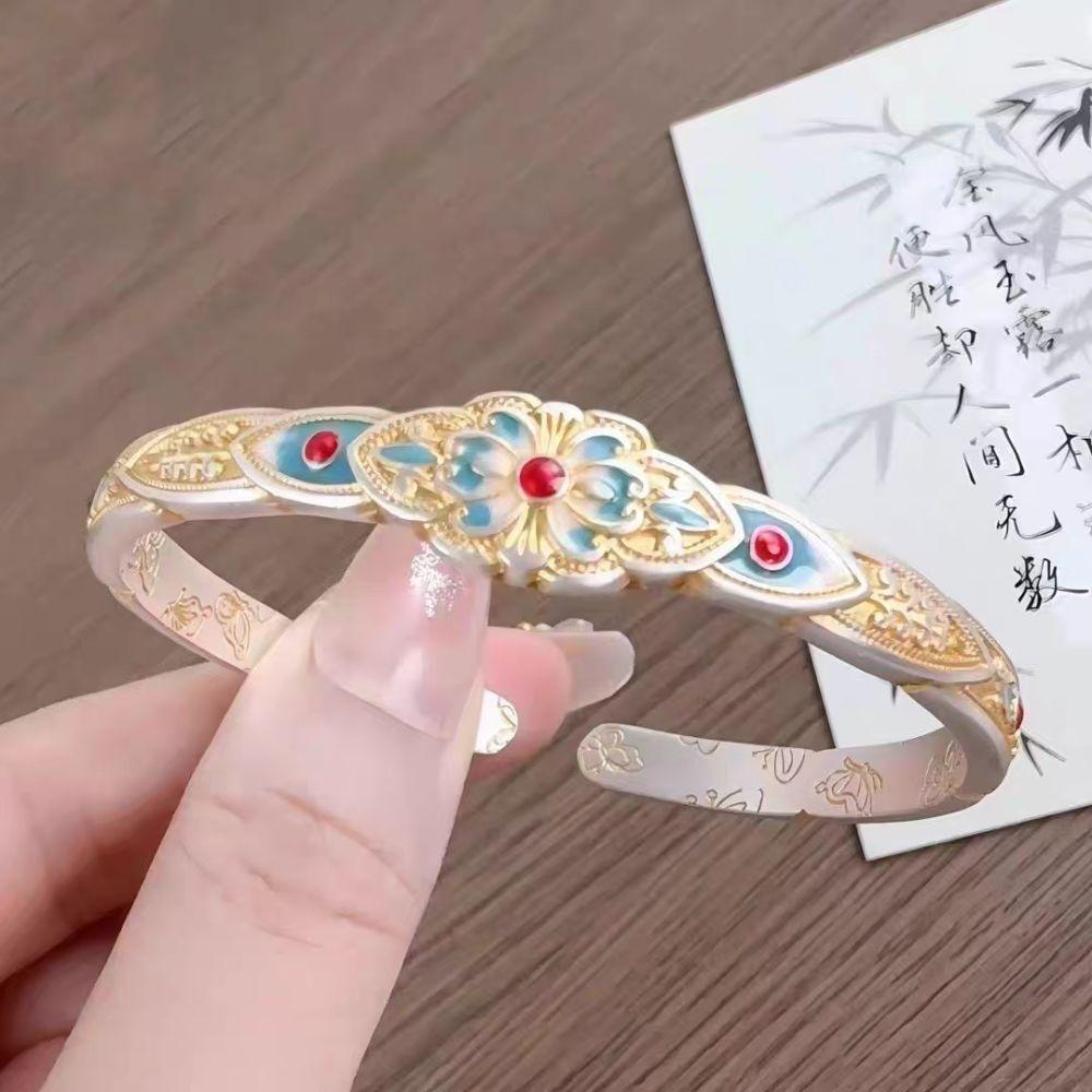 Цветок Эмаль Лотос Ручной Браслет Ручные Украшения Ретро Открывающееся Ручное Кольцо Студент