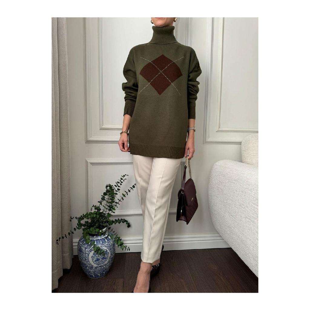 Khaki Square Patterned Turtleneck Sweater