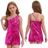 Детский Девочки Блестящий Комбинезон для Танца Ча-Ча на Одно Плечо с Вырезом-Замочной Скважиной Без Рукавов для Вечеринки