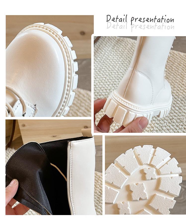 Non-Slip Leather High-Top Kids Boots with Side Zippers, Spring/Autumn, Wear-Resistant, Dr. Martens Inspired, Available in Off-White and Black.