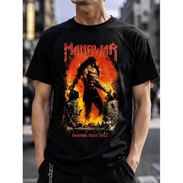 Men's Black Heavy Metal Graphic Tee With Fiery Warrior Print, Short Sleeve Crew Neck Cotton Top For Rock Concerts And Streetwear