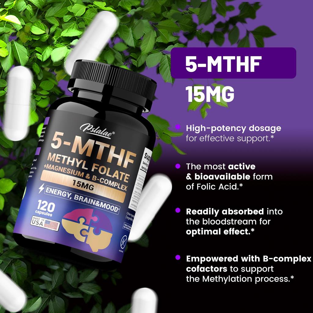 5-MTHF Methylfolate Dietary Supplement: Supports brain health, improves mood, and boosts energy. 120 capsules.
