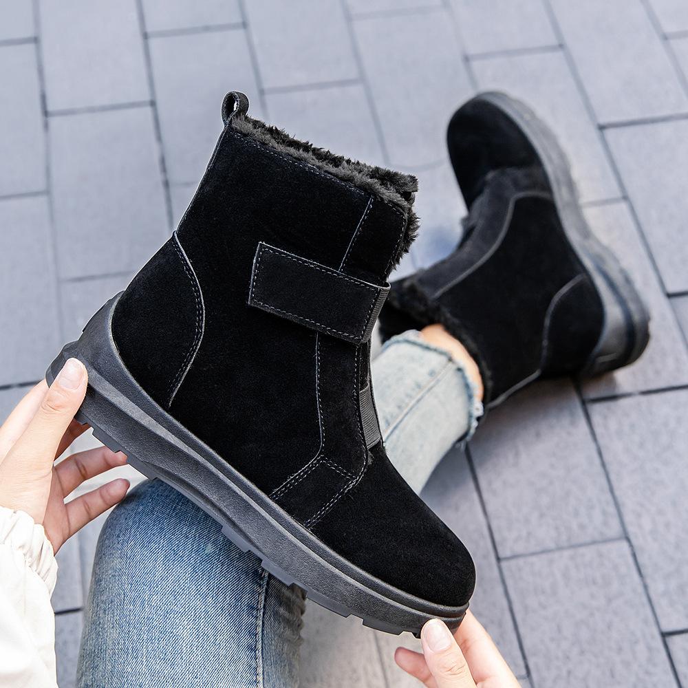 Новые женские бархатные зимние сапоги, повседневные ботинки средней высоты, теплые хлопковые ботинки, хлопковые сапоги большого размера 43 D329