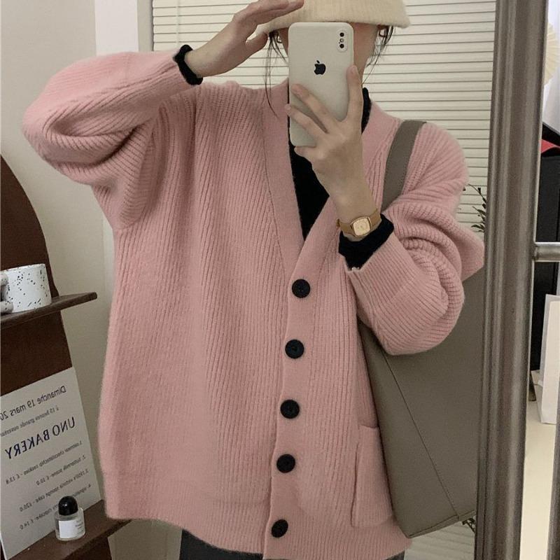 Винтажный ленивый кардиган V-образного выреза, вязаный, для женского осенне-зимнего сезона, новый, свободный, универсальный, на пуговицах, куртка-свитер для женщин