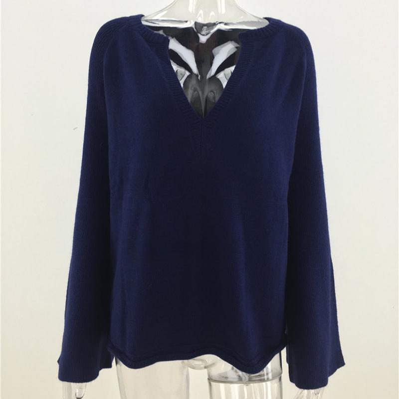 IHUASU Women's Autumn and Winter Solid Colour Pullover Jumper Temperament Commuter V-neck Large Size Loose Knit Sweater